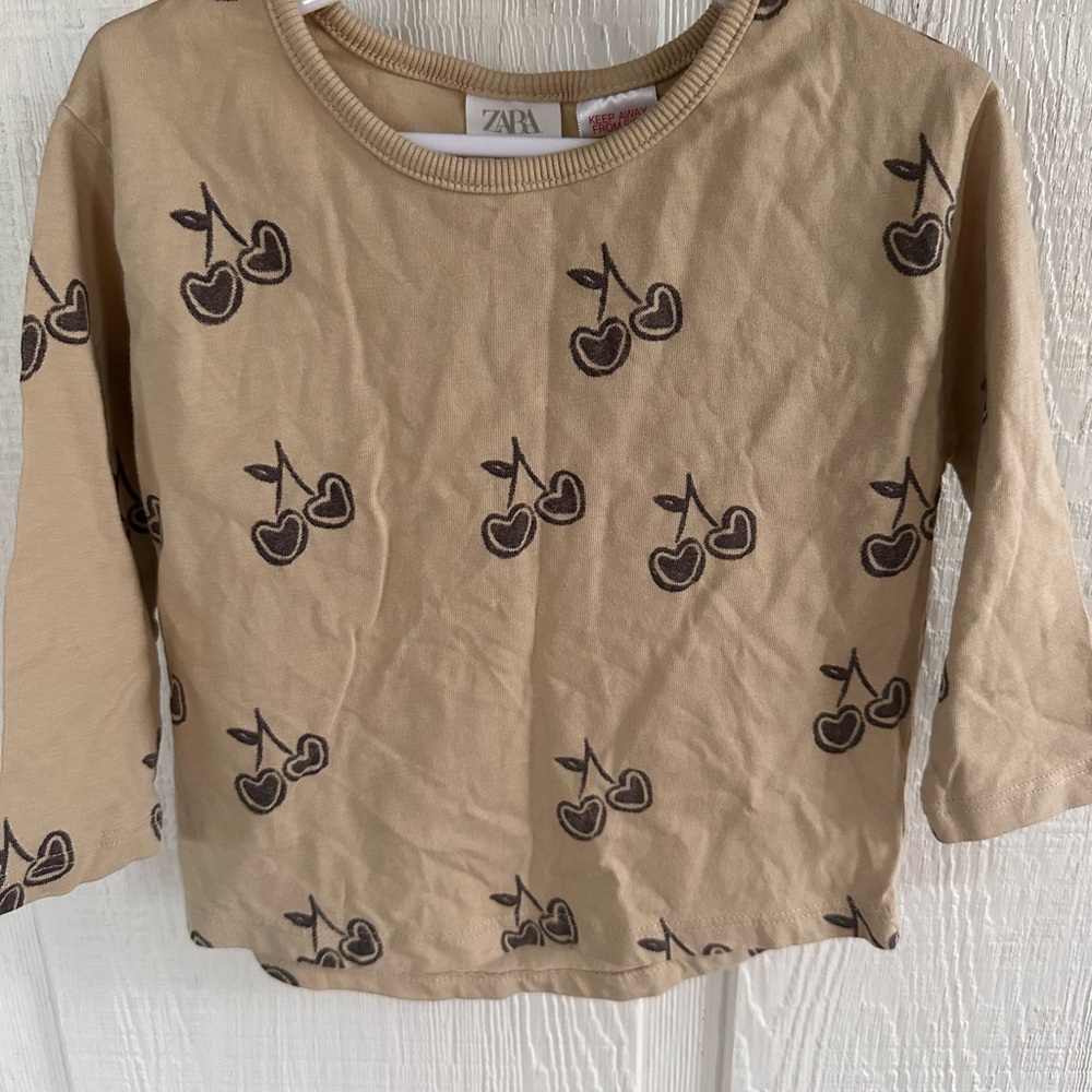 Zara Kids Neutral Tan Cherry Heart Fruit Print Shirt